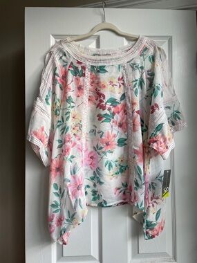 NWT Valerie Stevens Floral Cold Shoulder Crochet-Trim Blouse - Pink & Green XL